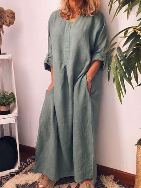 Wholesale Women Long Sleeve Muslim Maxi Polyester Cotton Dress With Pocket Loose Plus Size Women Dresses