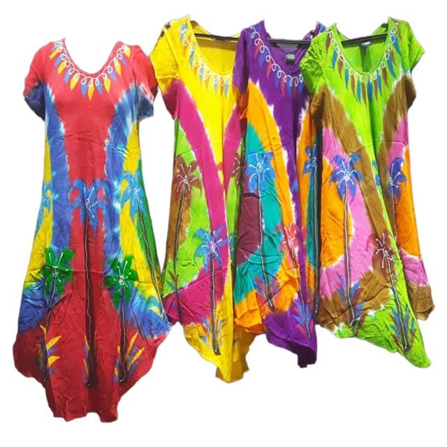 Rayon Fabric Tie-dye Print Women Top Summer beach wear Indian silk sari Ibiza dress- ladies fashion maxi s