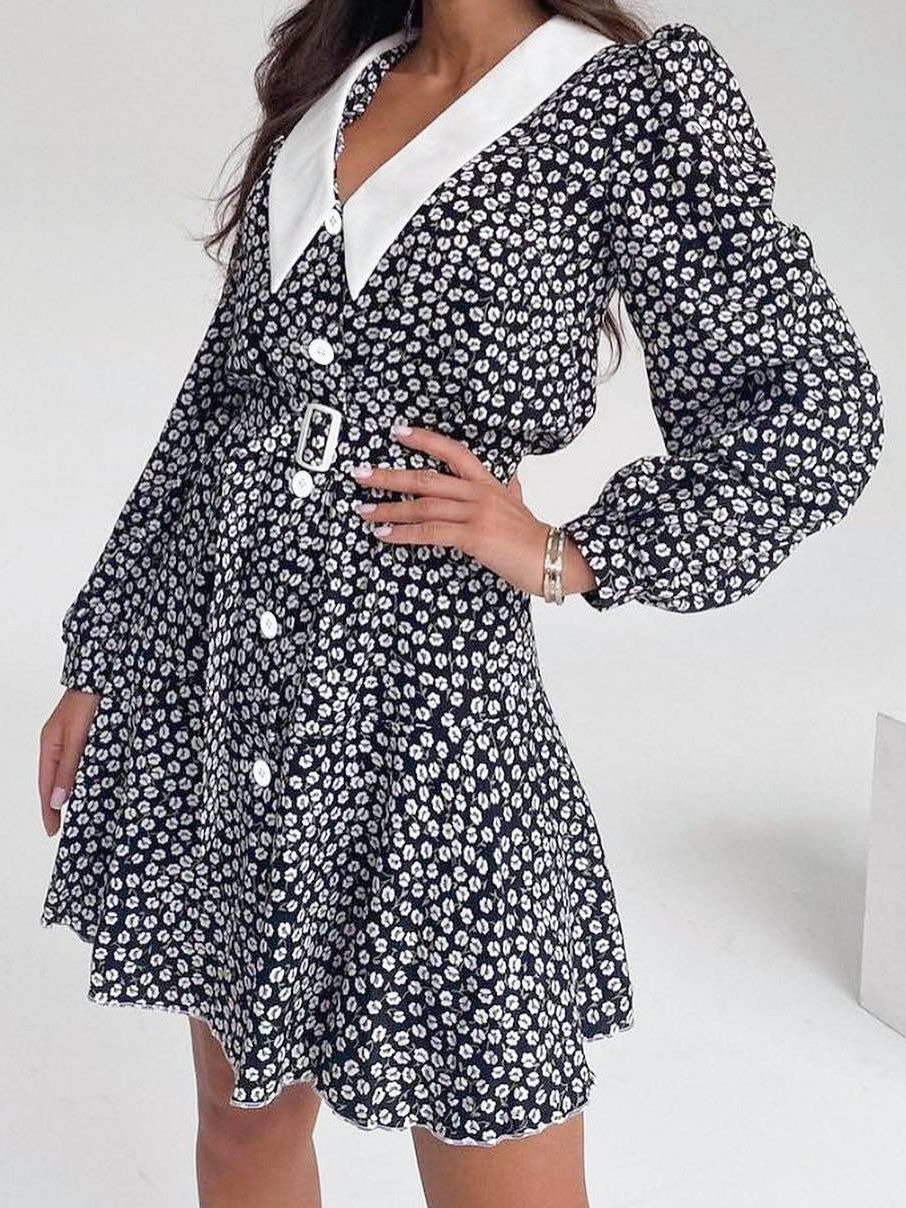 2024 Autumn Fashion Women's long Bubble Sleeve Floral print Dresses Commuter Short casual Dresses