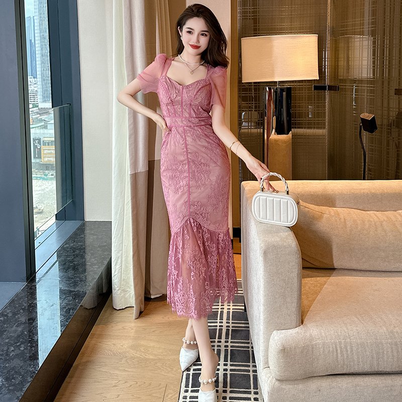 ZYHT 20525 Fairy Floral Midi Dress Hollow Crochet Lace Perspective Mesh Sleeves Sweetheart Collar Printed Decoration Woven
