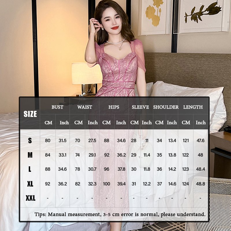 ZYHT 20525 Fairy Floral Midi Dress Hollow Crochet Lace Perspective Mesh Sleeves Sweetheart Collar Printed Decoration Woven