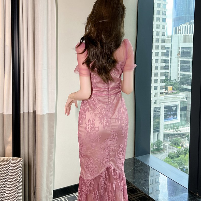 ZYHT 20525 Fairy Floral Midi Dress Hollow Crochet Lace Perspective Mesh Sleeves Sweetheart Collar Printed Decoration Woven