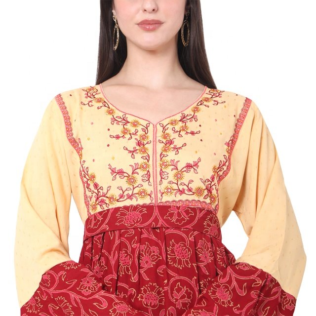 High Stylish Embroidered Arabic Farashah Jalabiya Kaftan Dresses Colorful Printed Rayon Viscose Adults Parties Casual Wear