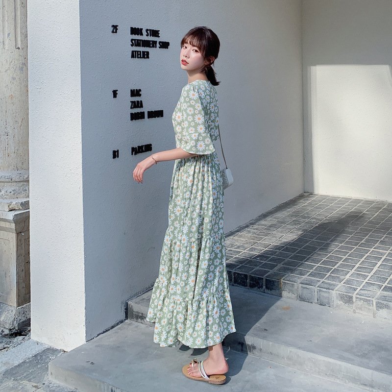 Korean spring and summer chiffon large size floral temperament slim casual dresses women's dresses