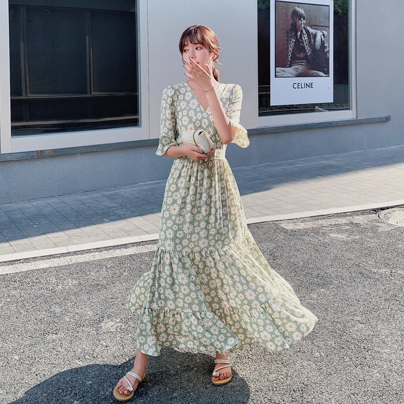Korean spring and summer chiffon large size floral temperament slim casual dresses women's dresses