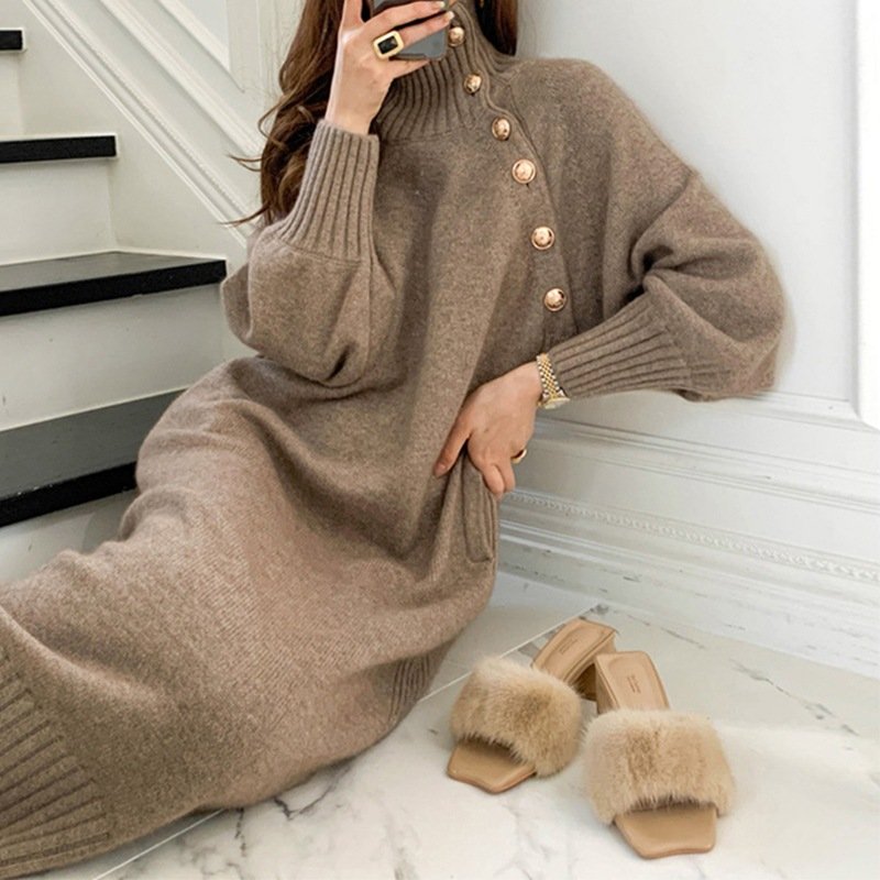 Wholesale Autumn Winter Women Long Sleeve Knit Dress with Belt Button French Style Elegant Solid Color Sweater Casual Long Dress
