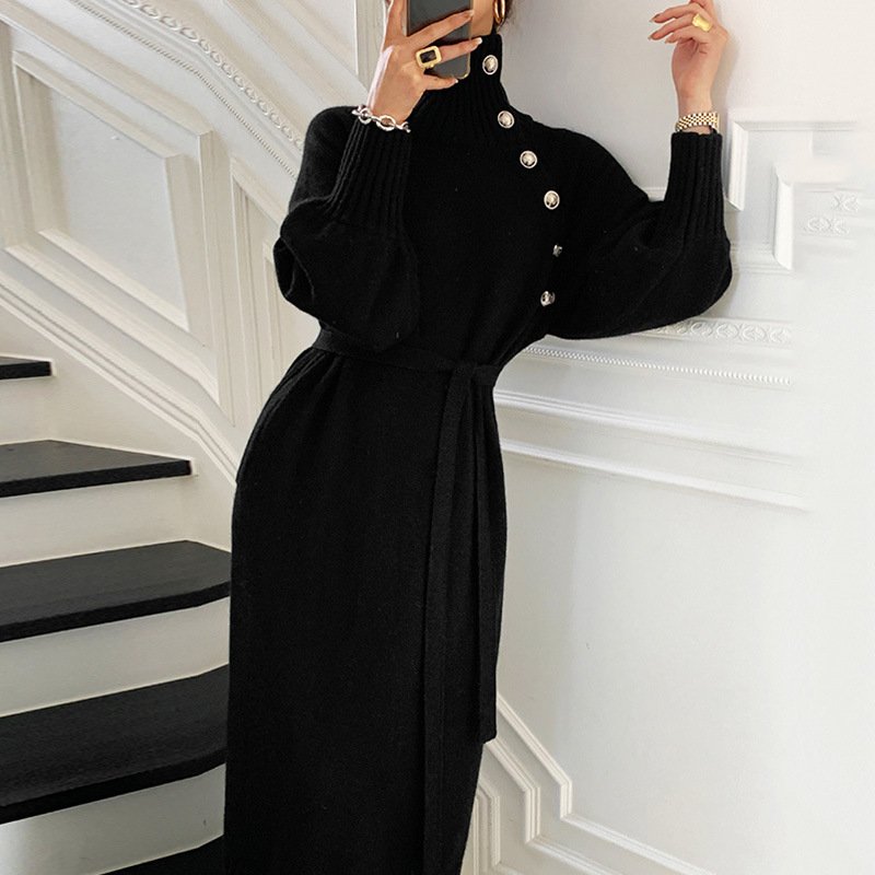 Wholesale Autumn Winter Women Long Sleeve Knit Dress with Belt Button French Style Elegant Solid Color Sweater Casual Long Dress