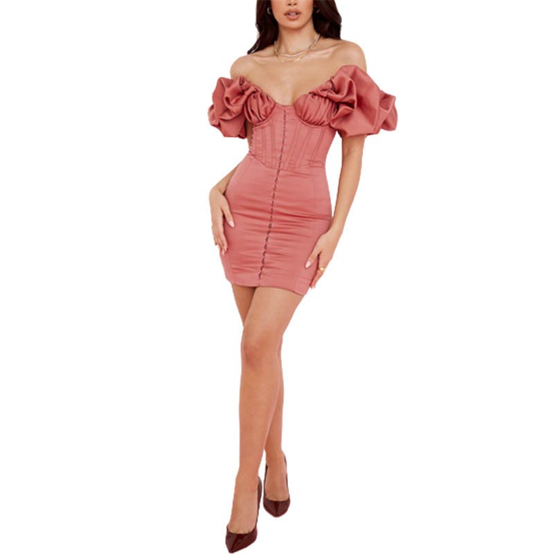 Summer Casual Dresses Women 2022 Sexy Bodycon Rose Satin Ruffle Off Shoulder Mini Dress