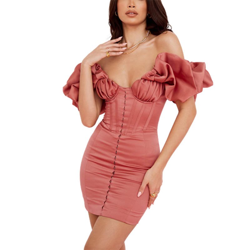 Summer Casual Dresses Women 2022 Sexy Bodycon Rose Satin Ruffle Off Shoulder Mini Dress