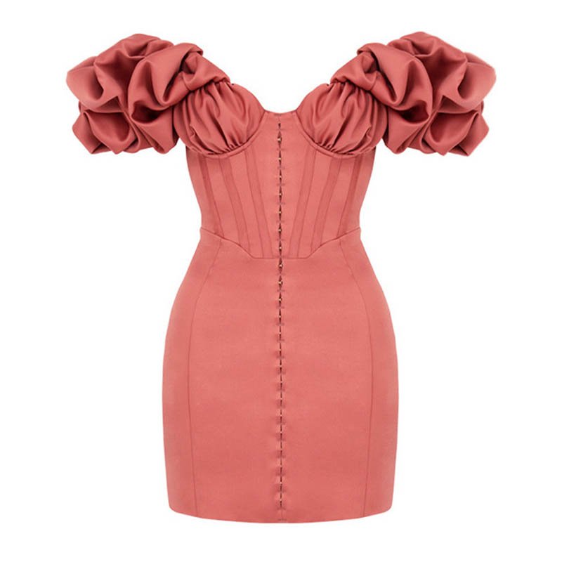 Summer Casual Dresses Women 2022 Sexy Bodycon Rose Satin Ruffle Off Shoulder Mini Dress