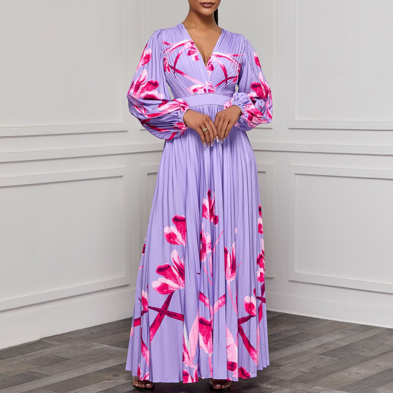 New Arrival Fall Flower Printed Casual Dresses Women V-neck Long Sleeve Slim Pleated Elegant Maxi Dress