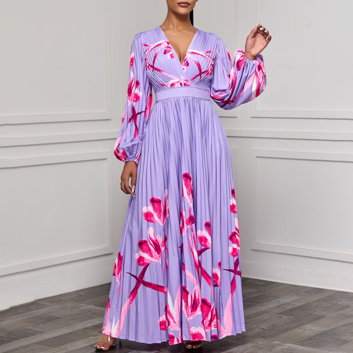 New Arrival Fall Flower Printed Casual Dresses Women V-neck Long Sleeve Slim Pleated Elegant Maxi Dress