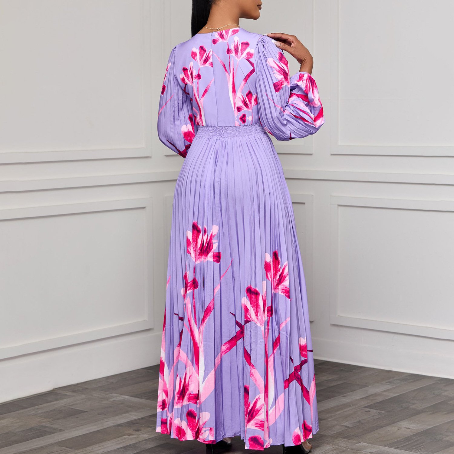 New Arrival Fall Flower Printed Casual Dresses Women V-neck Long Sleeve Slim Pleated Elegant Maxi Dress
