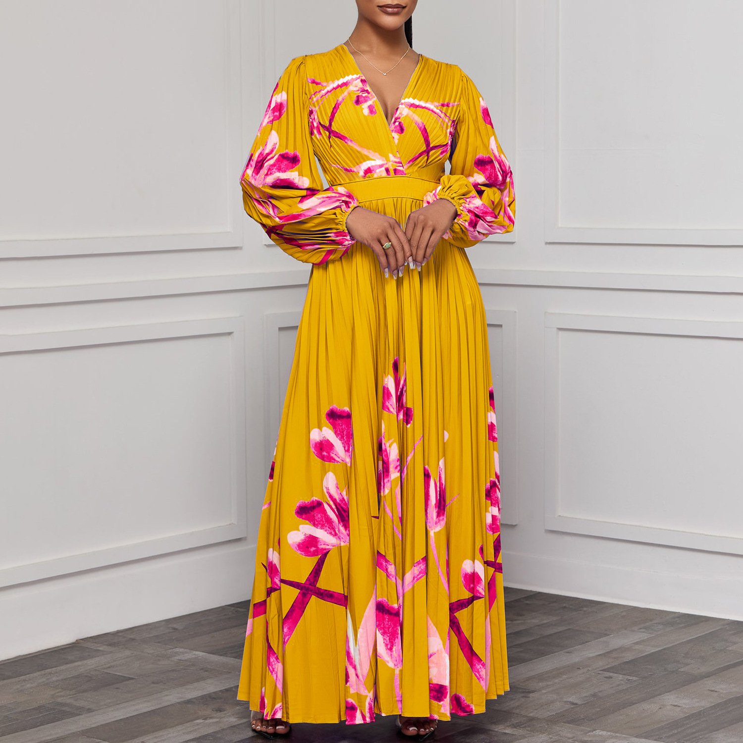 New Arrival Fall Flower Printed Casual Dresses Women V-neck Long Sleeve Slim Pleated Elegant Maxi Dress