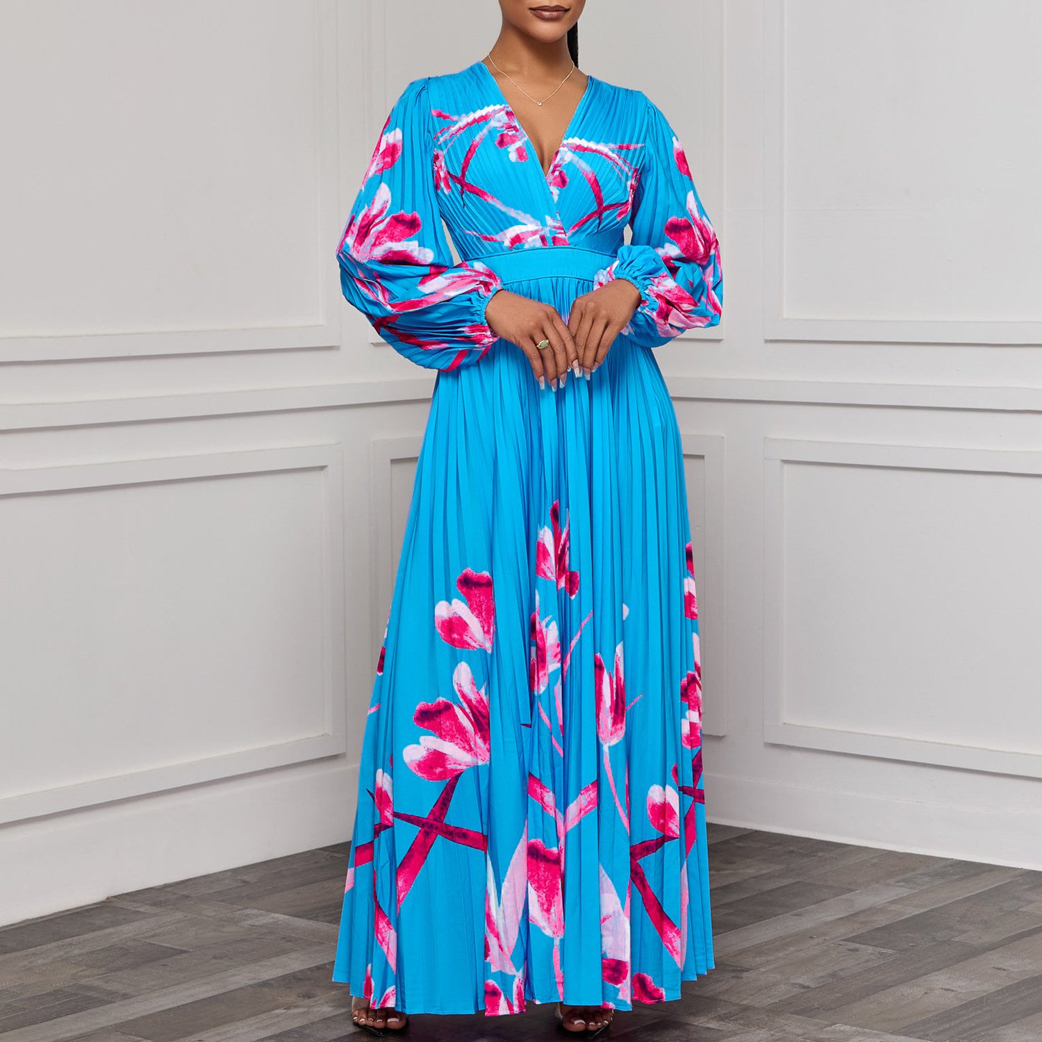 New Arrival Fall Flower Printed Casual Dresses Women V-neck Long Sleeve Slim Pleated Elegant Maxi Dress