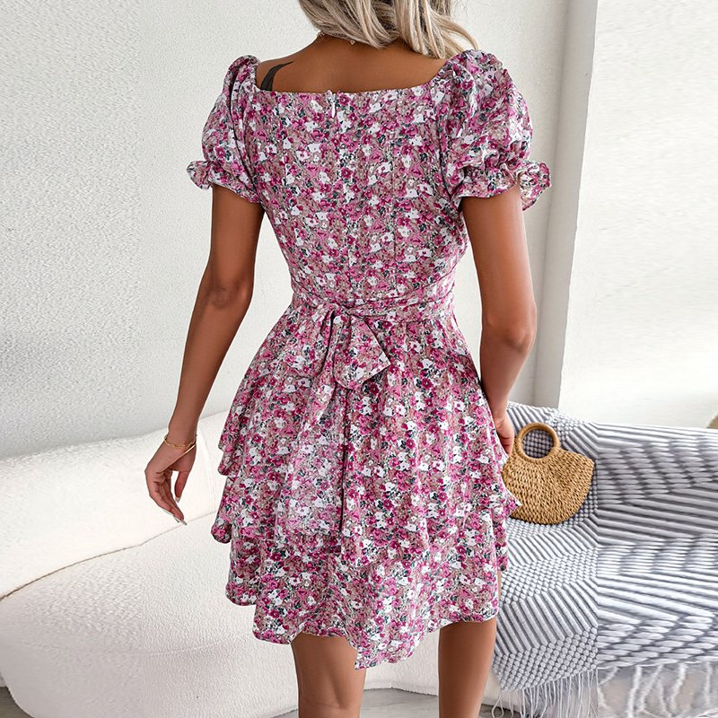 Casual Floral Print Sashes A-line Mini Dresses for Women Elegant Beach Boho New Style Vintage Short Sleeve Vestidos