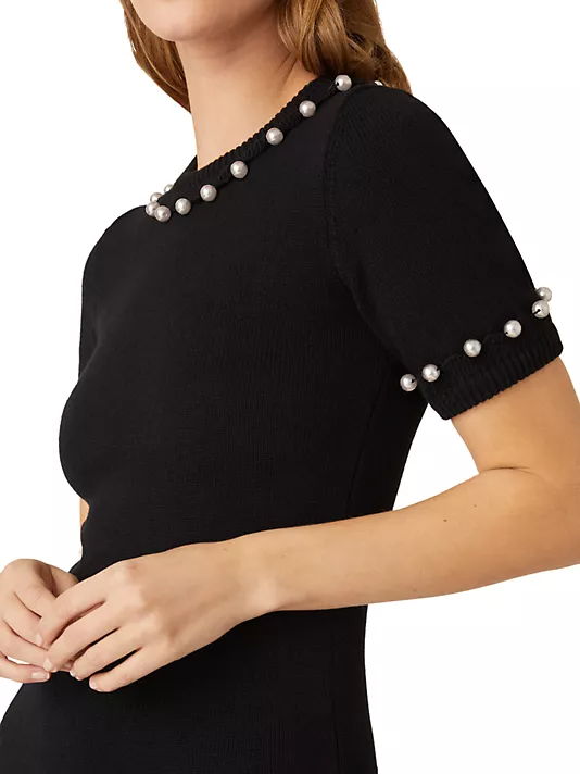 Custom OEM ODM manufacturer women's knitted maxi dress in pink short sleeves sweater pearls dress