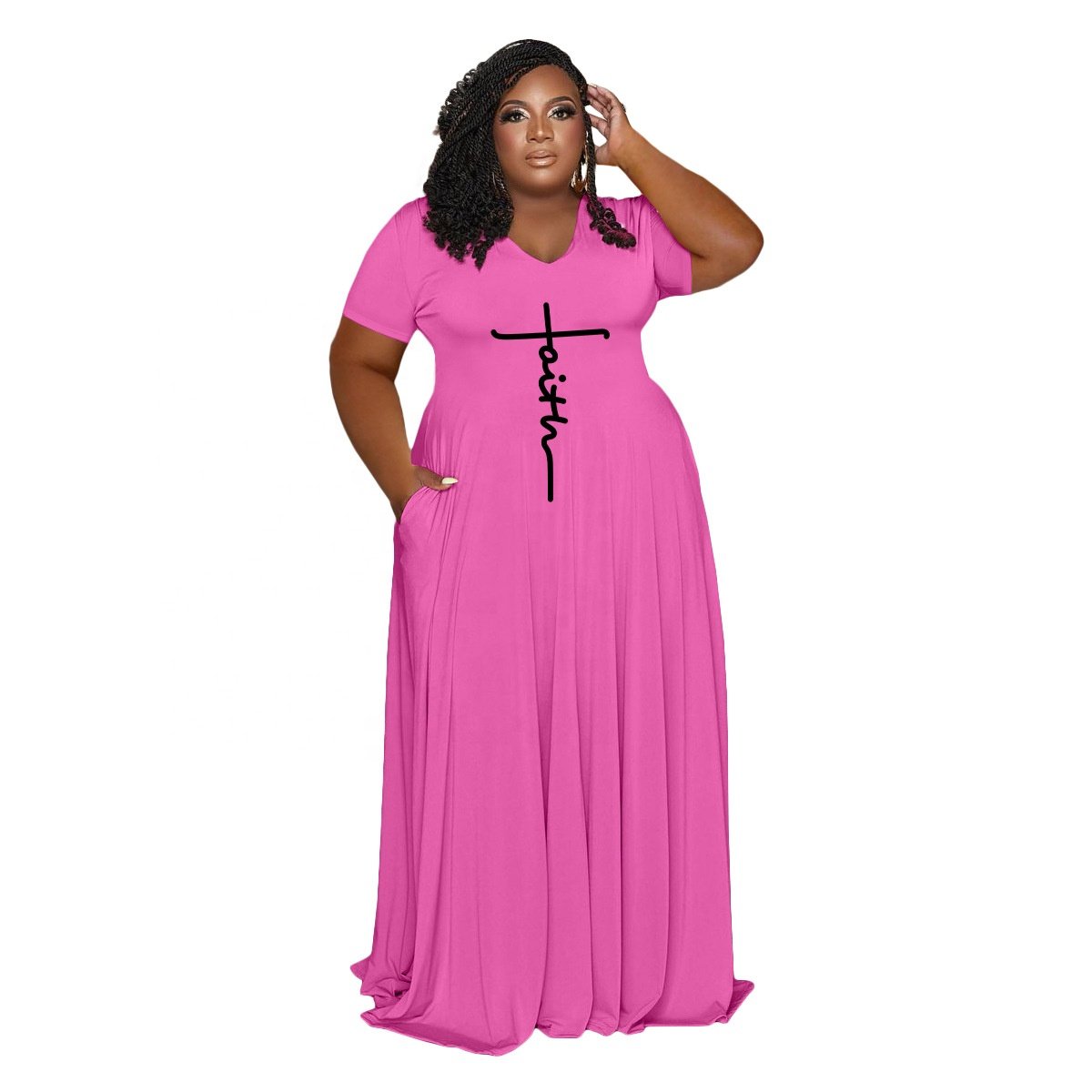 Faith Printed Graphic Print Plus Size 5X Casual Dress Summer Fashion V Neck Short Sleeve High Stretch Loose Womens Dresses