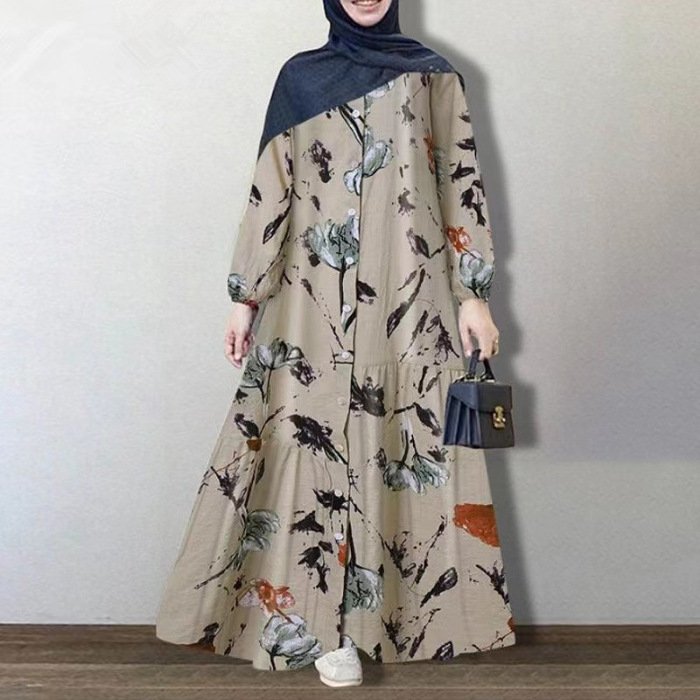 (M to 4XL) Large size women's cross-border silk printing long sleeved fashionable loose casual floral long dress