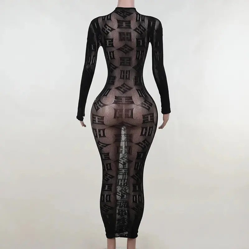 High quality party club dresses wear long sleeve prom fashion see through mesh sexy maxi dresses