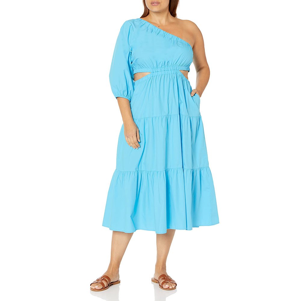 2023 Fashion Women Summer Cut Out Midi Dress One Shoulder Tiered Flowy Party Casual Plus Size Elegant Puff Slim Cute Sweet Sexy