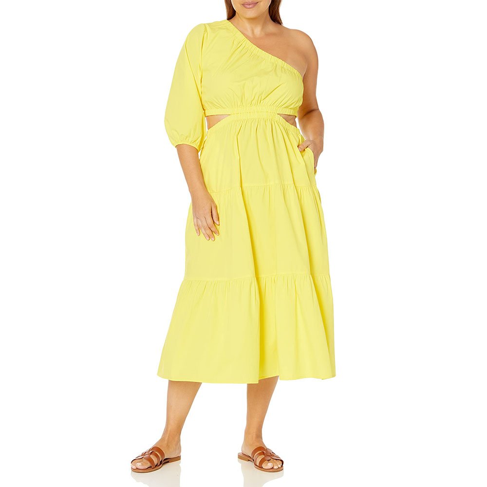 2023 Fashion Women Summer Cut Out Midi Dress One Shoulder Tiered Flowy Party Casual Plus Size Elegant Puff Slim Cute Sweet Sexy
