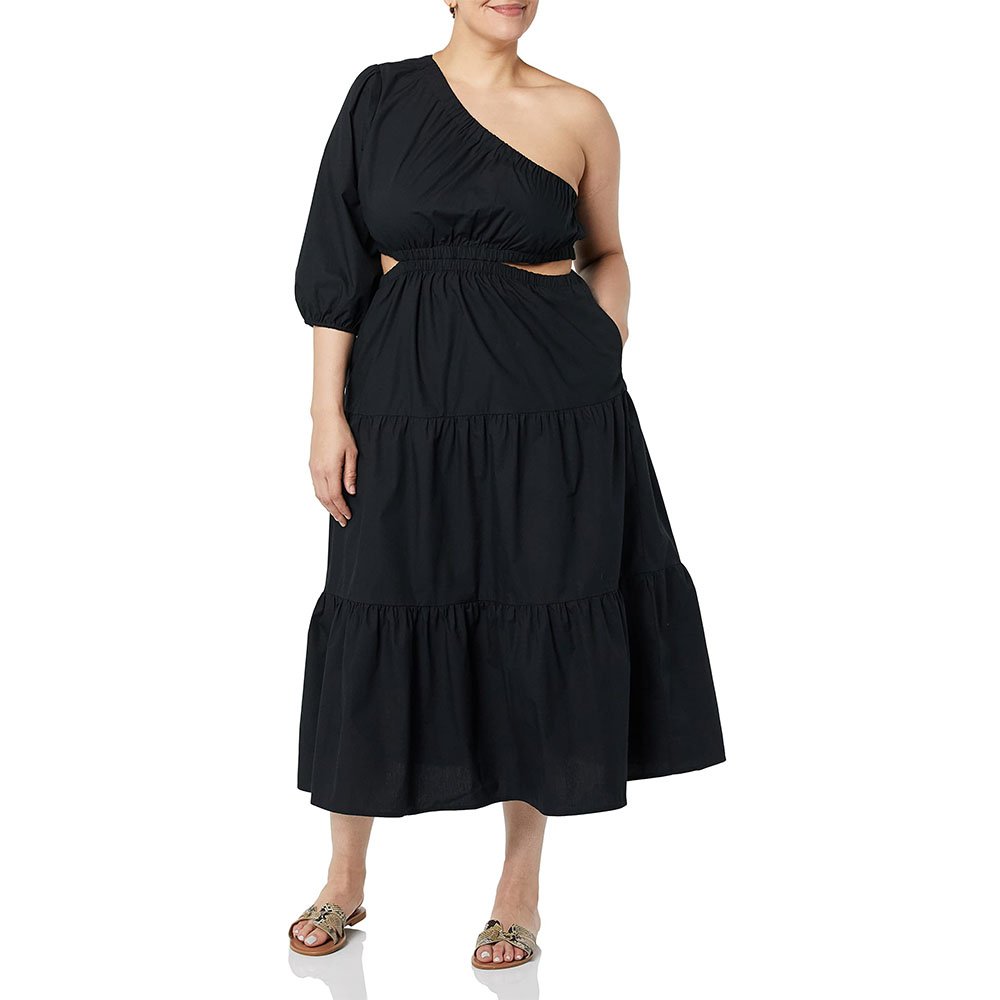 2023 Fashion Women Summer Cut Out Midi Dress One Shoulder Tiered Flowy Party Casual Plus Size Elegant Puff Slim Cute Sweet Sexy