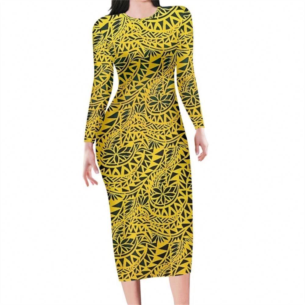 Wedding Dress Plus Size Polynesian Tribal White Colour Printed Long Sleeve Maxi Dresses Women Casual Dresses For Autumn