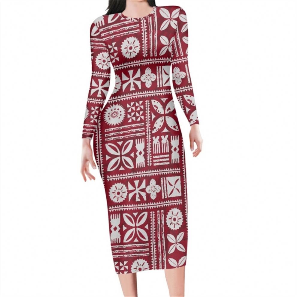 Wedding Dress Plus Size Polynesian Tribal White Colour Printed Long Sleeve Maxi Dresses Women Casual Dresses For Autumn