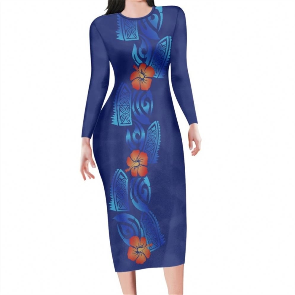 Wedding Dress Plus Size Polynesian Tribal White Colour Printed Long Sleeve Maxi Dresses Women Casual Dresses For Autumn