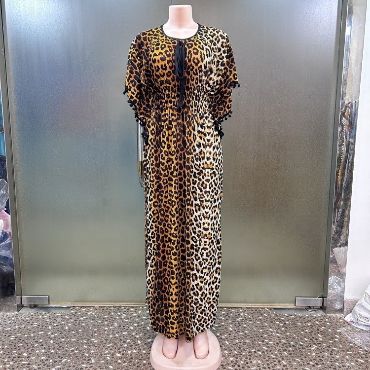 Fashion Casual Style Crew Neck Ice Silk Short Sleeve Folkloric Graphic Pompom African Women Abaya Leopard Kaftan Dress