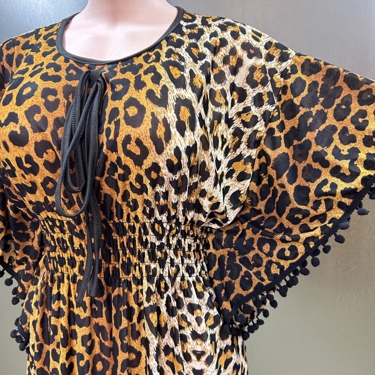 Fashion Casual Style Crew Neck Ice Silk Short Sleeve Folkloric Graphic Pompom African Women Abaya Leopard Kaftan Dress
