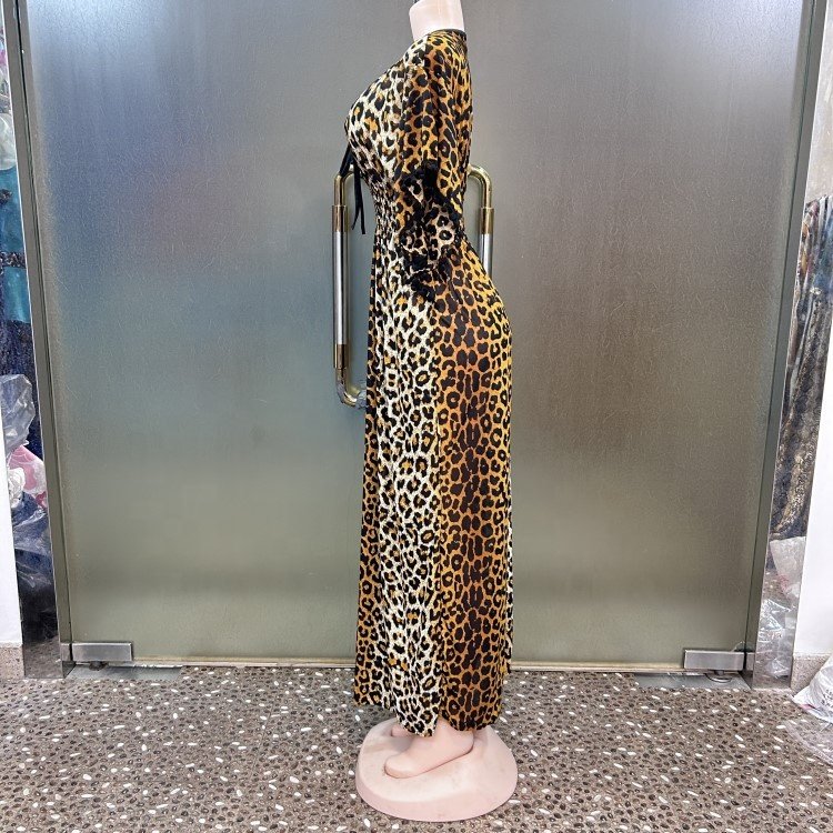 Fashion Casual Style Crew Neck Ice Silk Short Sleeve Folkloric Graphic Pompom African Women Abaya Leopard Kaftan Dress