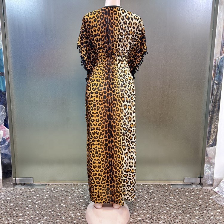 Fashion Casual Style Crew Neck Ice Silk Short Sleeve Folkloric Graphic Pompom African Women Abaya Leopard Kaftan Dress