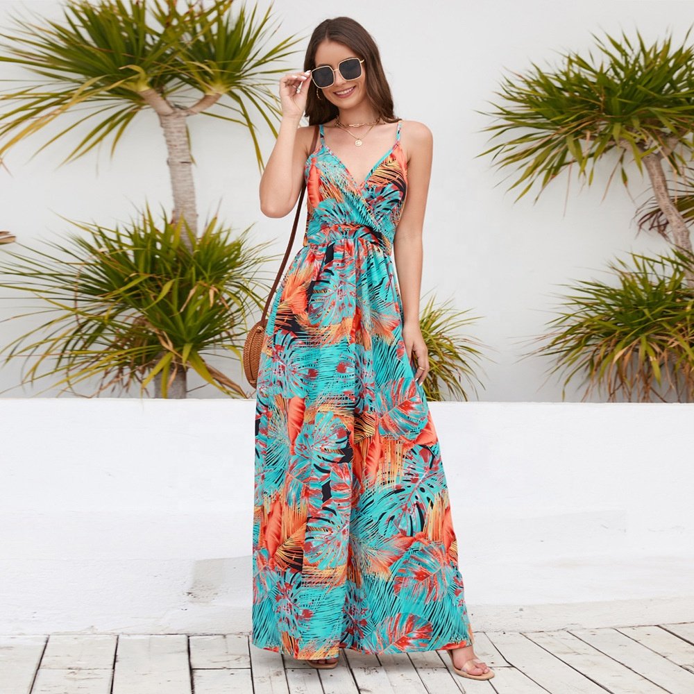 Bohemian Printed Long Dress Amazon Sexy V-Neck Strap Dress