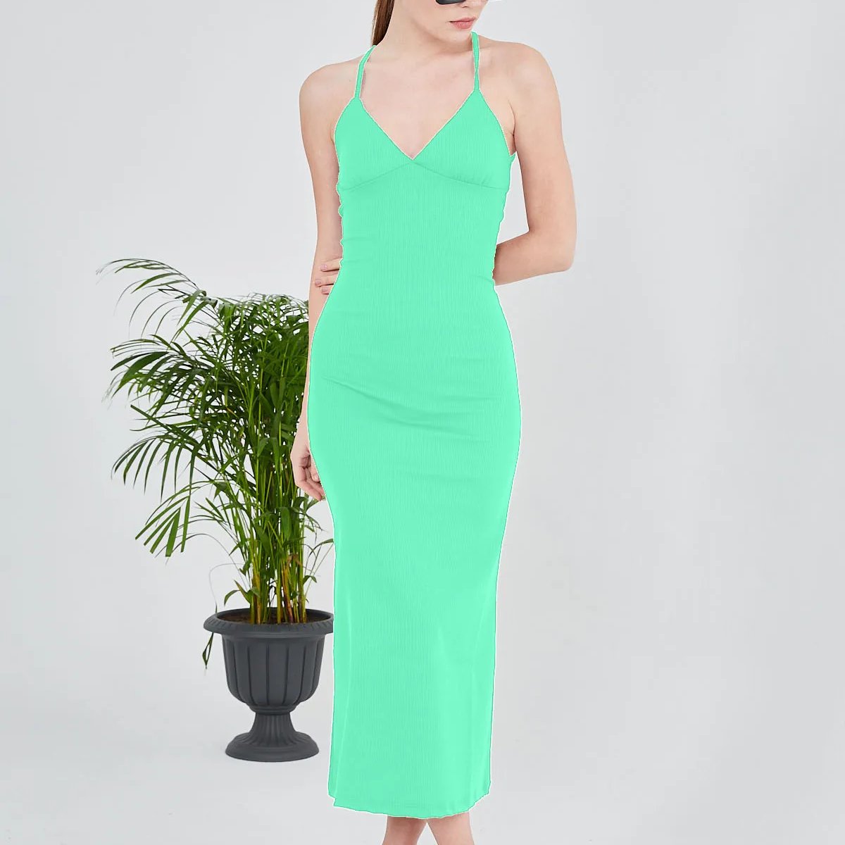 mint color halter neck maxi length sandy fabric dress backless casual dresses long dress