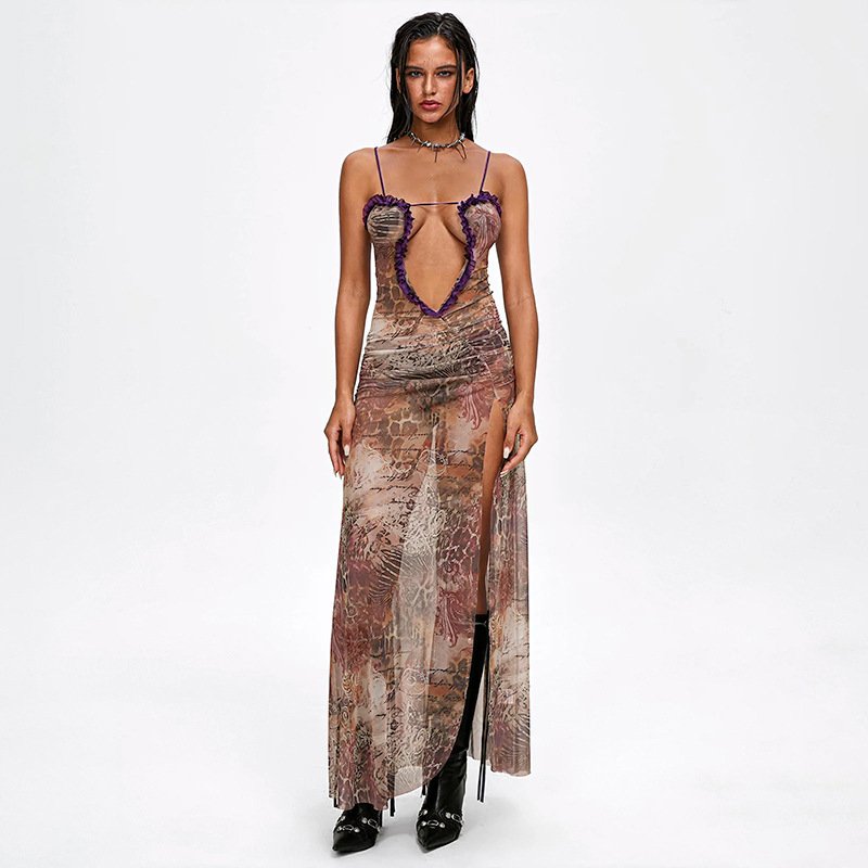 2024 Summer New Women's Mesh Print Dress Suspender Cut Out Maxi Dress Lace Slit Casual Dresses Wholesale