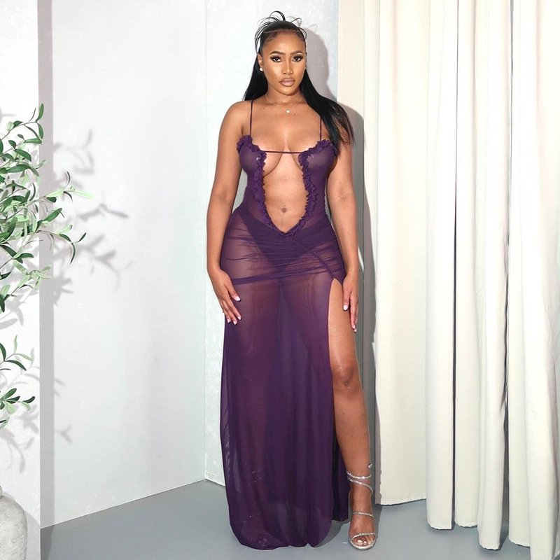 2024 Summer New Women's Mesh Print Dress Suspender Cut Out Maxi Dress Lace Slit Casual Dresses Wholesale
