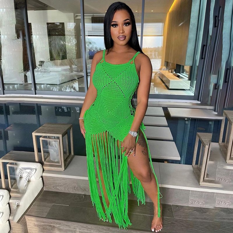 Sexy summer fashion beach tassel sleeveless knitted dress long slip dress