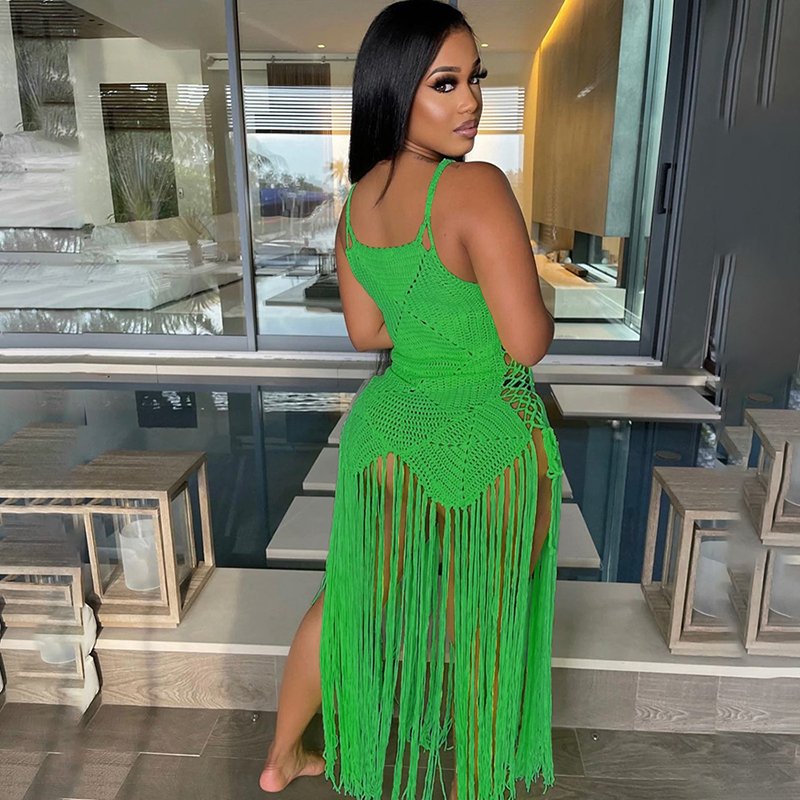 Sexy summer fashion beach tassel sleeveless knitted dress long slip dress