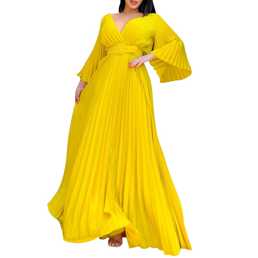 New Arrival Women Belt Pleated Party Evening Dress Yellow V Neck Elegant Custom Design Women Elegant Dresses
