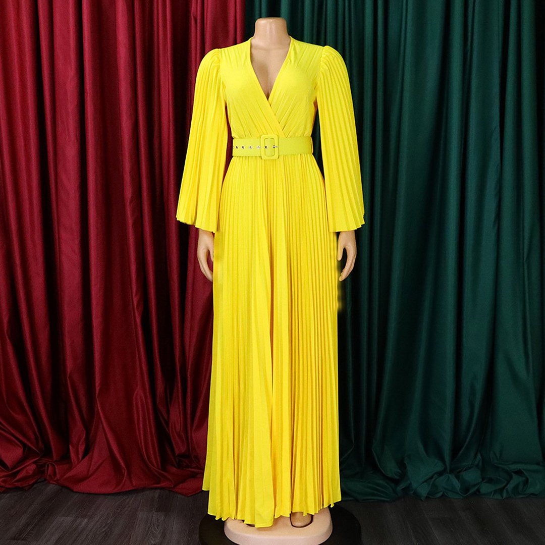 New Arrival Women Belt Pleated Party Evening Dress Yellow V Neck Elegant Custom Design Women Elegant Dresses