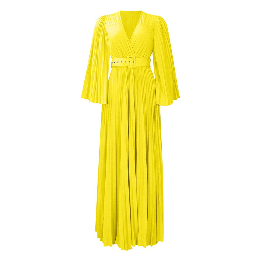 New Arrival Women Belt Pleated Party Evening Dress Yellow V Neck Elegant Custom Design Women Elegant Dresses