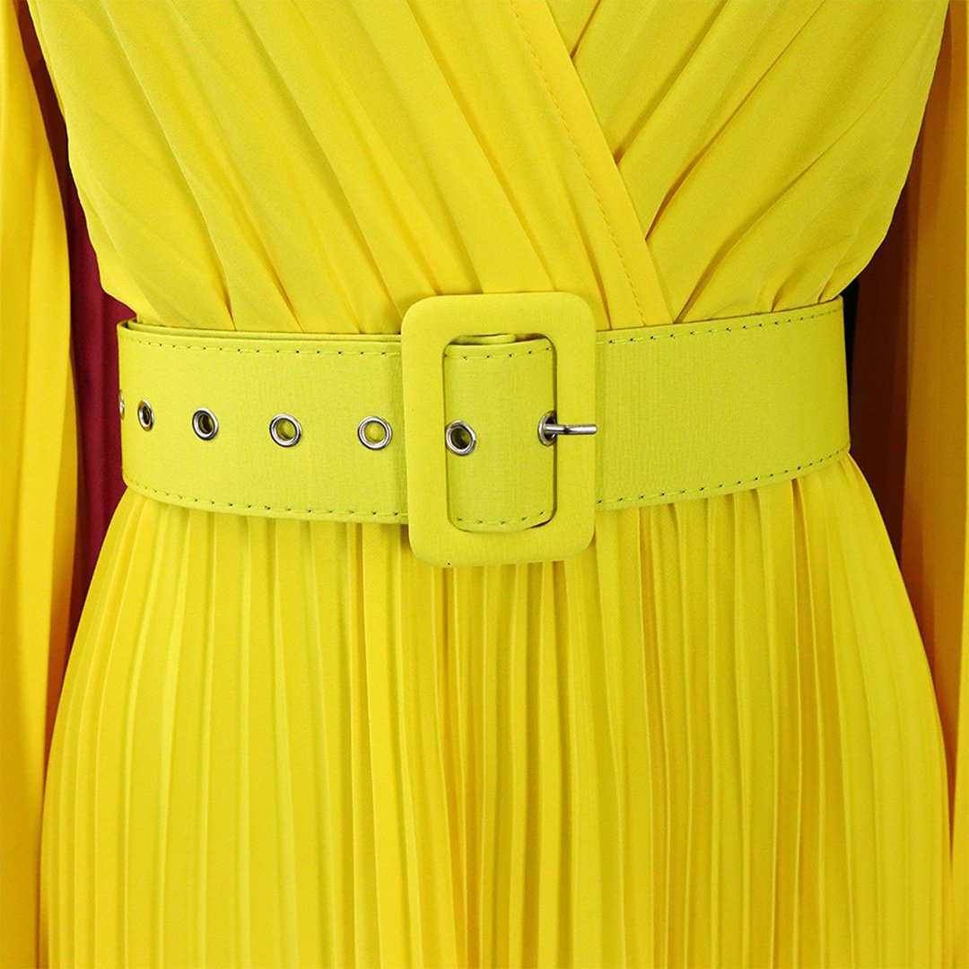 New Arrival Women Belt Pleated Party Evening Dress Yellow V Neck Elegant Custom Design Women Elegant Dresses