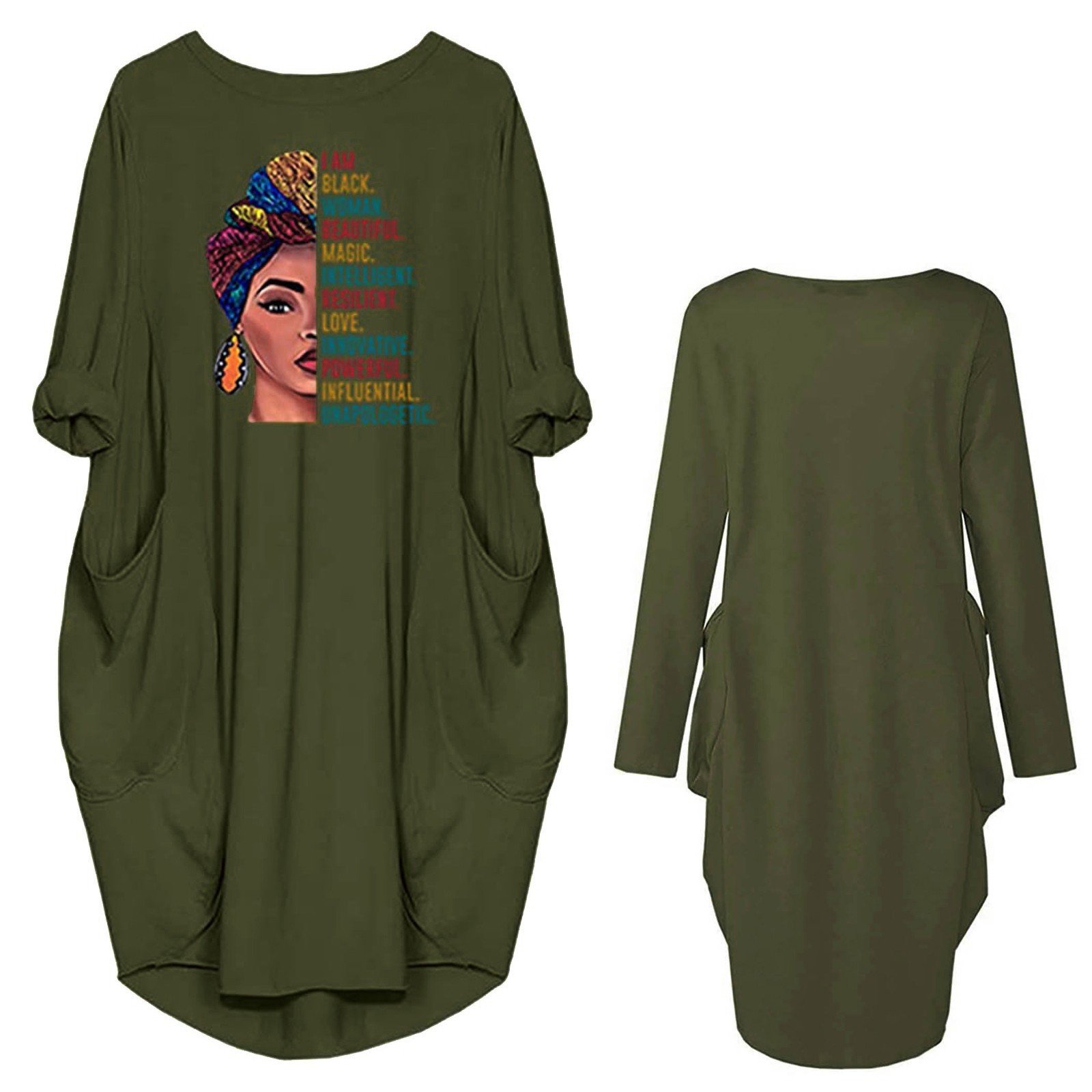 Summer Plus Size Midi Robe Femme African Female Tops Dress Pocket I Am Black Woman Beatiful TShirt Letters Print T Shirt Dresses