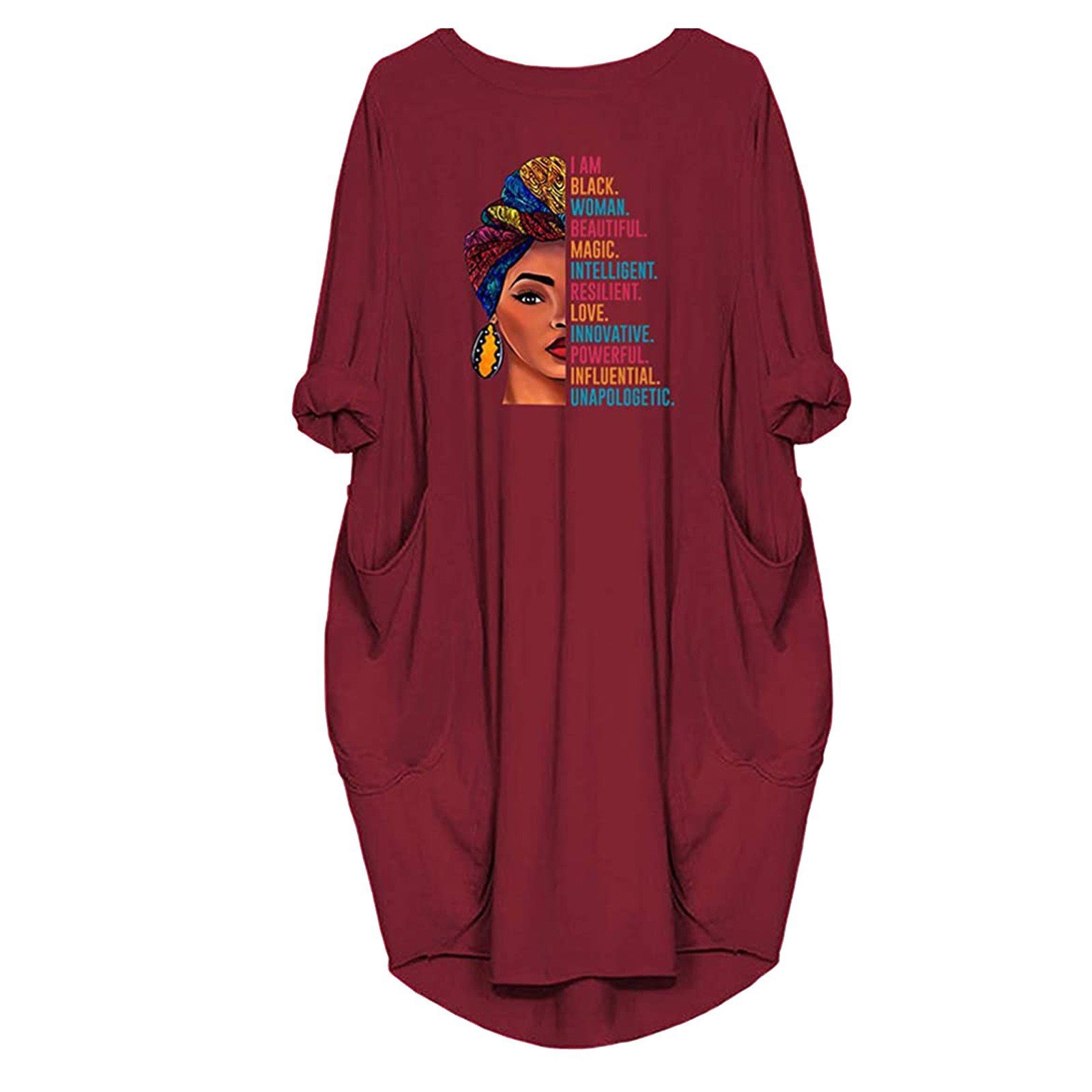 Summer Plus Size Midi Robe Femme African Female Tops Dress Pocket I Am Black Woman Beatiful TShirt Letters Print T Shirt Dresses