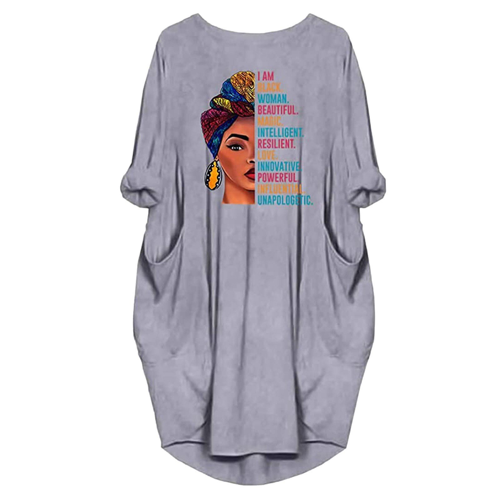 Summer Plus Size Midi Robe Femme African Female Tops Dress Pocket I Am Black Woman Beatiful TShirt Letters Print T Shirt Dresses