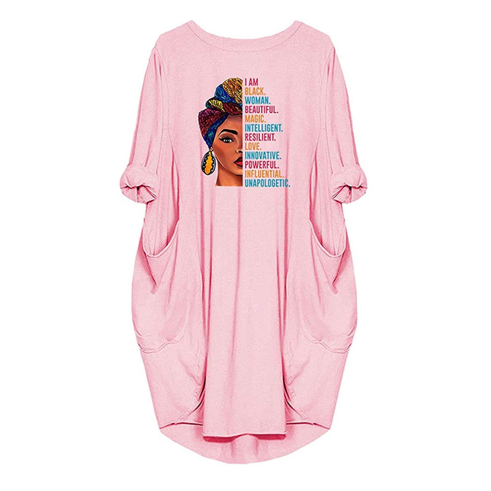 Summer Plus Size Midi Robe Femme African Female Tops Dress Pocket I Am Black Woman Beatiful TShirt Letters Print T Shirt Dresses