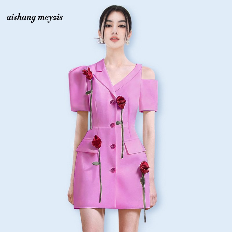 Three-dimensional Rose dress Summer asymmetrical off-the-shoulder commuter suit dress