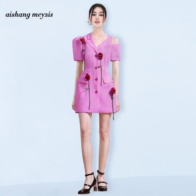 Three-dimensional Rose dress Summer asymmetrical off-the-shoulder commuter suit dress